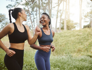 Canvas Print - Running team, fitness and women in park with cardio, athlete and support for sports and health. Exercise friends, diversity and runner club, happy with training for race outdoor and workout in nature