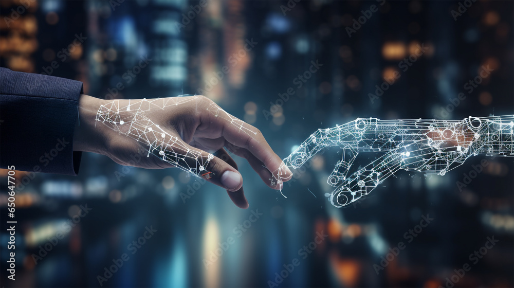 AI, Machine learning, Hands of robot and human touching on big data ...