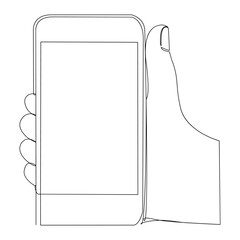 Poster - Hand holding phone continuous line drawn. Smartphone in arms linear symbol. Vector illustration isolated on white.