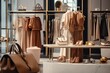 Women clothing and accessories luxury fashion store interior.