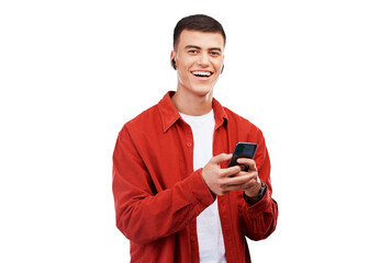 Aufkleber - Man, student and phone for listening to music, audio streaming service and social media in portrait. Face of happy young person in earphones and mobile chat isolated on a transparent png background