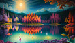 
Colorful landscape above the lake. Fantasy style. An enchanting and vibrant scene depicting a surreal, fantasy-inspired setting overlooking a serene lake, Generative AI.