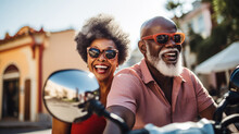 Happy Retired Senior Couple On Scooter. Fun Travel Explore Activity
