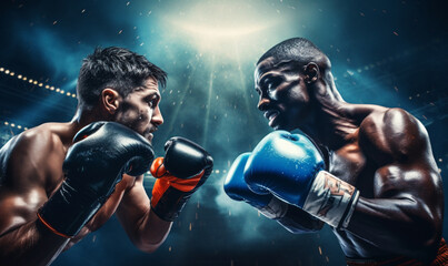 Wall Mural - Two emotional strong man boxers in dynamic action in boxing ring