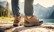 Close-up of legs, Female hiker traveling, walking alone. Woman traveler enjoys with backpack hiking in mountains. Travel, adventure, relax, recharge concept..