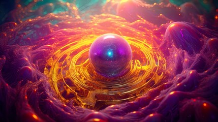 Wall Mural - Shining pearl surrounded by rich gold and purple liquids, smoke mixing together. Magical planet forming from movement, liquid, and beauty. Background for science, esoteric.