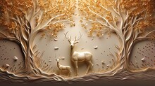 Modern Interior Mural Painting Wall Art Decor Wallpaper. Golden Stag With Dark Gold Forest Trees, Deer, Birds And Wooden Forest