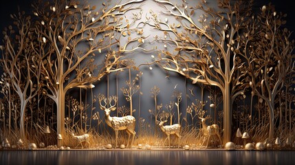 Wall Mural - Abstract modern 3d interior mural stag wall art dark and golden forest trees, deer animal wildlife with birds, golden light, and woods
