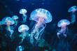 Group of jellyfish deep ocean in the dark blue water. Generative Ai 