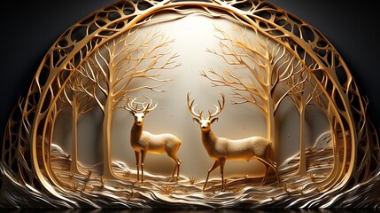 3d abstraction modern and creative interior mural wall art wallpaper with dark and golden forest trees, stag deer animal wildlife with birds 
