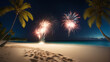 Fireworks lighting up night on a tropical island with palms, sandbeach and beautiful ocean. Highly detailed and realistic concept design