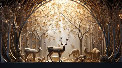 Wall Mural - 3D modern interior mural painting wall art decor wallpaper. Golden stag with dark gold forest trees, deers, birds and mountain
