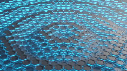Poster - 3d rendering, background illustration of a set of hexagons. metal honeycombs with neon illumination.