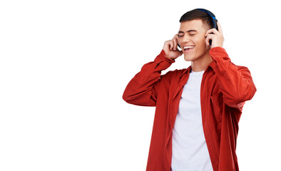 Canvas Print - Listening, smile and man with headphones, music and audio isolated on a transparent background. Person, happy guy and model with headset, streaming sound and radio with stress relief, song and png