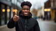 Gesture of approval. Cool afro american young man in casual clothes showing like outdoors looking at camera, smiling black guy gesturing thumb up on street