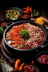 Wall Mural - hot pot with thinly sliced meat and veggies, showcasing the simmering sauce and variety of ingredients