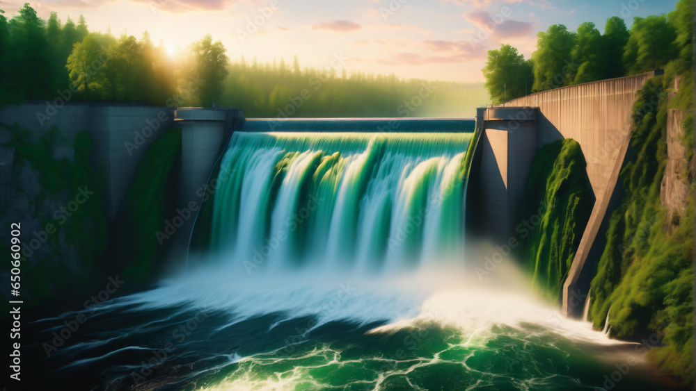 Hydroelectric dam on river with green landscape and sunset in ...