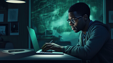 Aufkleber - Young computer hacker using laptop at futuristic looking office