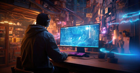 Poster - Rear view of man using computer in futuristic looking room