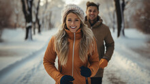Beautiful Young Couple Is Running In The Winter Forest.