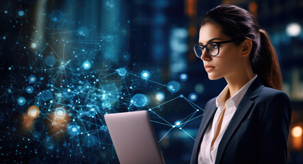 Aufkleber - Young beautiful businesswoman using digital tablet in futuristic looking environment