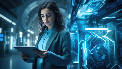 Poster - Young beautiful tech female worker using digital tablet in futuristic looking hallway
