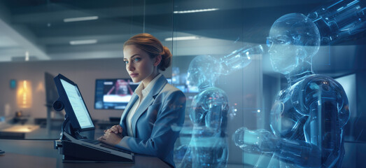 Poster - Woman working at office with virtual digital robots behind her