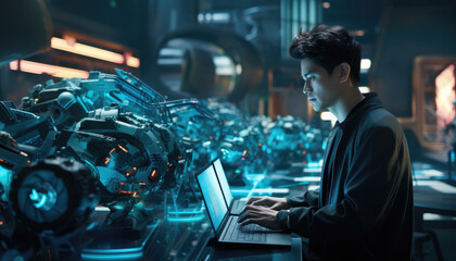 Aufkleber - Businessman working on laptop at futuristic looking factory