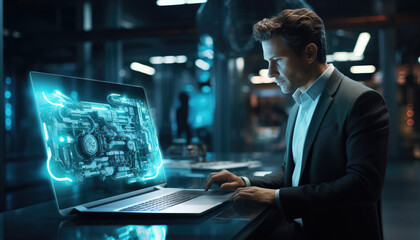 Poster - Businessman working on laptop at futuristic looking factory