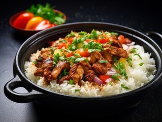 Wall Mural - kettle-cooked rice with various toppings like grilled chicken strips, green onions, sesame seeds, and spicy sauce, served in a ceramic dish