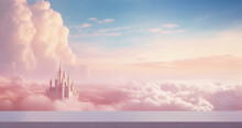 Empty Table Against A Backdrop Of Soft Pink Clouds And A Pastel Fairytale Castle In The Distance