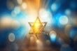 Decorative golden Jewish religion symbol Magen David star on blue and gold bokeh blurred background. Rosh Hashanah, Jewish New Year holiday or Hannukah greeting card with lights and star