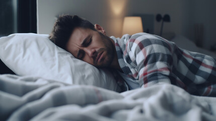 Wall Mural - Tired sad man lying in bed