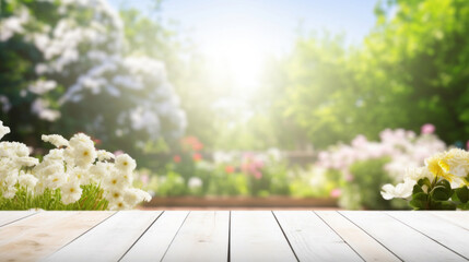 White wooden table top with blur background of wedding garden