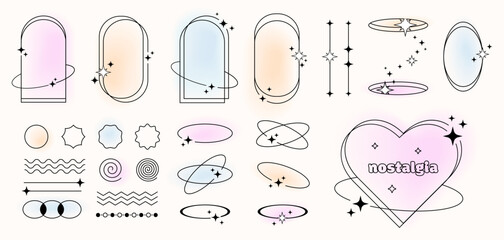 Poster - Retro frames and picture borders with sparkles and blurred colors on the background, y2k set of borders, dividers, outline drawings. Vector illustrations.