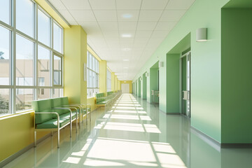 Empty modern hospital corridor background and seats at waiting area. Clinic hallway interior. Healthcare and medical center background. Contemporary corridor design with bright color.