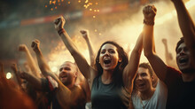 Female Fan With Raised Arms Shouting With Delight Among Other Fans In The Stadium, Stormy Emotions Of Happiness
