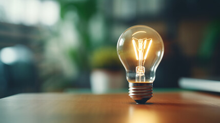 glowing light bulb on the table in home office, working with creativity and save energy concept back