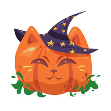 Illustration Of Pumpkin Cat With A Witch Hat For Halloween.