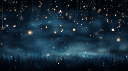 Blurred bokeh light on dark blue background. Christmas and New Year holidays template. Abstract glitter defocused blinking stars and sparks.