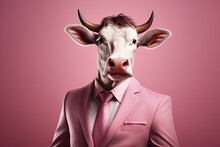 Portrait Of A Bull In A Businessman Suit And Tie On A Isolated Background.