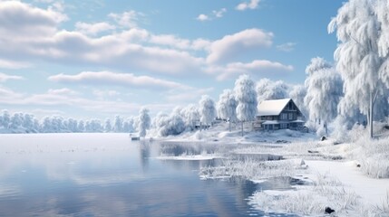 A snowy scene of a house and a lake
