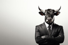 Portrait Of A Bull In A Businessman Suit And Tie On A Isolated Background.