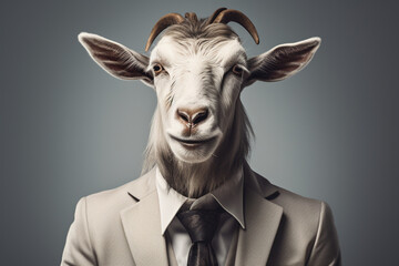 Wall Mural - Businessman portrait of goat in suit and tie on isolated dark background