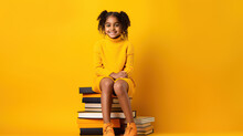 Portrait Of Young Girl Student Isolated On Yellow Background