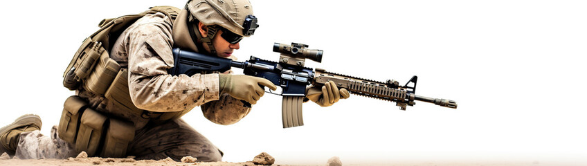 Military soldier kneeling aiming a gun on white background