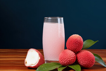 Wall Mural - lychee juice and lychee fruit on black background