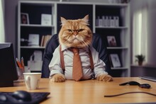 A Cat In A Orange Shirt And A Tie Sits At The Office Desk, A Cat In The Office With A Tie