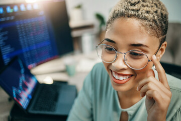 Poster - Glasses, business and thinking with a happy woman in office with statistics, investment data or analytics. Stock market, online exchange and face of broker analysis, research and equity trading