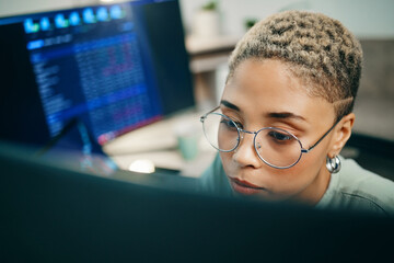 Poster - Computer, cyber security and face of woman programming ERP software, cybersecurity system or algorithm code. Programmer, developer or coding machine learning cloud computing server or IT database